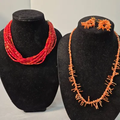 2 Beaded Necklaces - Coral 10 Strands with Clasp 925 - Vintage -Salmon Branch Coral Necklace 
