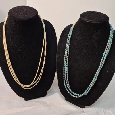White Shell 3 Strand Bead Necklace - Vintage Native American Strand Turquoise Heishe Necklace 
