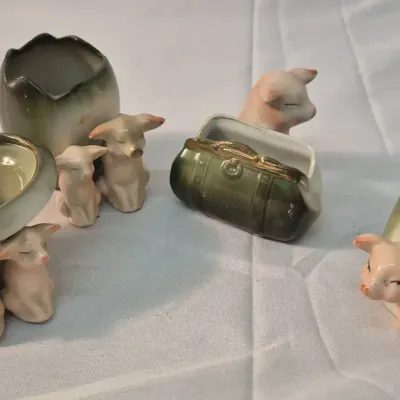 4 Royal Bayreuth Germany Green Faring Pigs Toothpick Holders