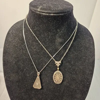 2 Vintage Art Deco Camphor Glass Sterling Silver Frosted Glass CZ Necklaces