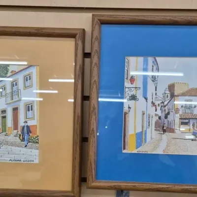 2 Framed Water Colored Wall Art - Obidos Portuguie Nogueira - Street Print Signed Alfama-Lisboa