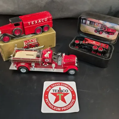 Texaco Lot - Metal Die Cast 1959 Mac Pumper - 1925 Kenworth Delivery with Barrels - Texaco Sticker 