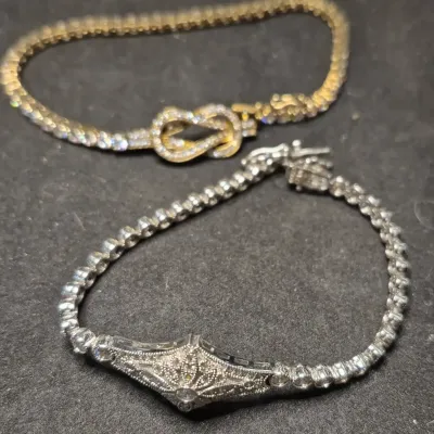 2 Bracelets - Sterling Silver Art Deco CZ Filigree - 14k over Sterling Thailand Tennis Bracelet