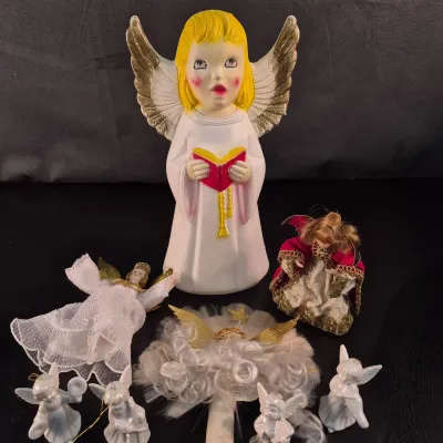 4 Vintage Christmas Angel Lot- Blow Mold - Tree Topper - Enesco Angels & 2 Angel Figures 
