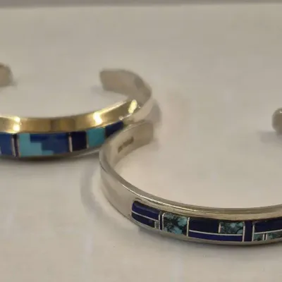 2 Sterling Native American Navajo Mosaic Inlaid Cuff Bracelets - Signed EB - Wm 49g with Stones