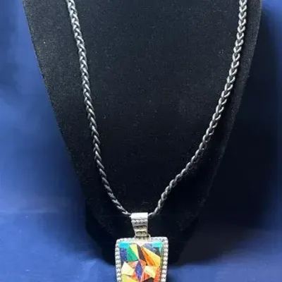 Sterling & Inlaid Stone Pendant On Corded Necklace