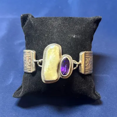 Silver Toned Hook Bracelet With Amethyst & Mother Of Pearl 