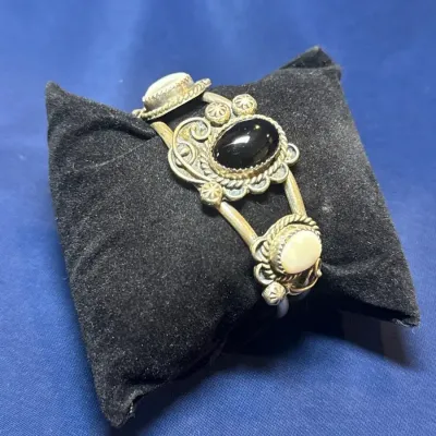 Sterling With Onyx & Mother Of Pearl Cuff Bracelet 