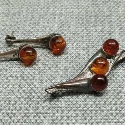 Sterling & Amber Brooch & Earring Set 