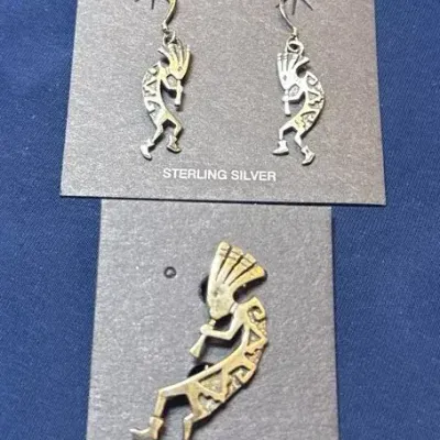 Sterling Kokopelli Brooch & Earrings