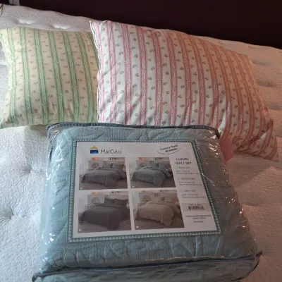 NEW QUEEN SIZE MARCIELO COMFORTER, 2 FEATHER PILLOWS