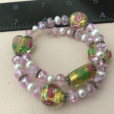 Pink Crystal Wedding Cake style Beaded Wrap Bracelet