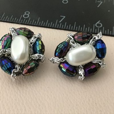 Western Germany Glass And Faux Pearl Clip on Earrings