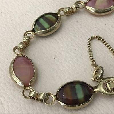 Sarah Coventry Vintage Multi color striped Rainbow Cabachon Bracelet