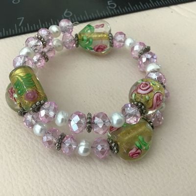Pink Crystal Wedding Cake style Beaded Wrap Bracelet