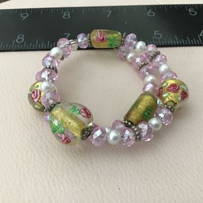 Pink Crystal Wedding Cake style Beaded Wrap Bracelet
