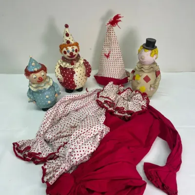 Vintage handmade clown banks and costume