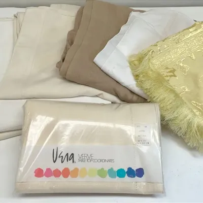 Various sized neutral tableclothes and more