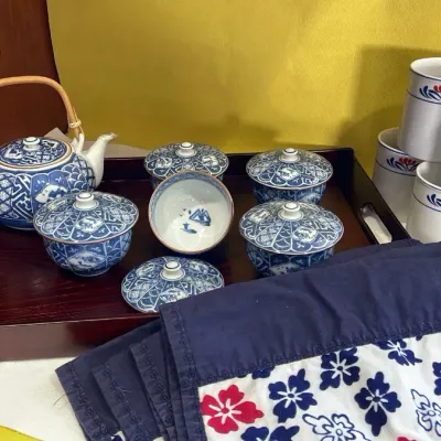 Tea set wood tray and coffee cups with place matt s