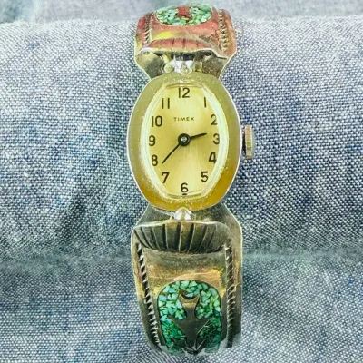 Timex watch signed turquoisecoral chip inlay watch band