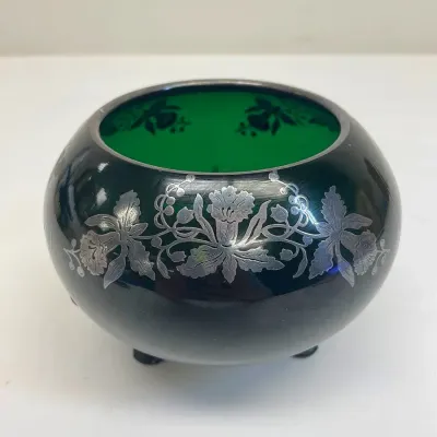 Vintage viking glass vase dark green with silver overlay