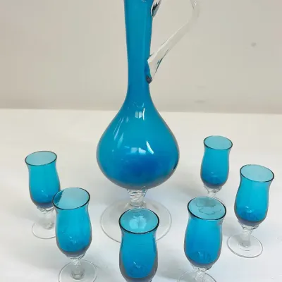 Vintage teal empoli glass decanter and six cordial glasses