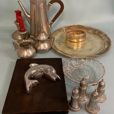 Silver plate and pewter serving and decor