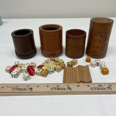 Vintage pubparlor game leather shakers and dice sets