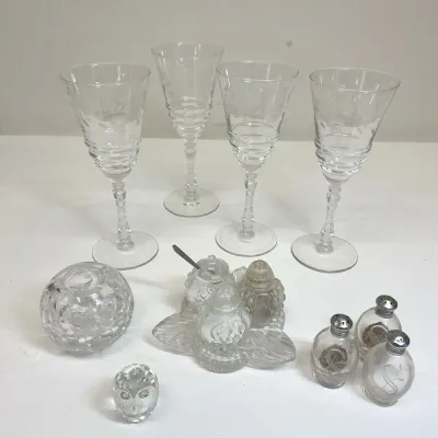 Vintage cut glass shakers and sugar trio swarovski small owl and more