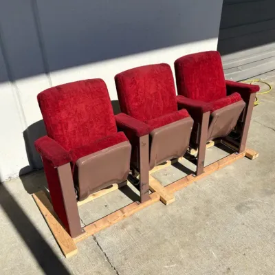 Vintage low backed red velvet theater seats set of three seats mounted