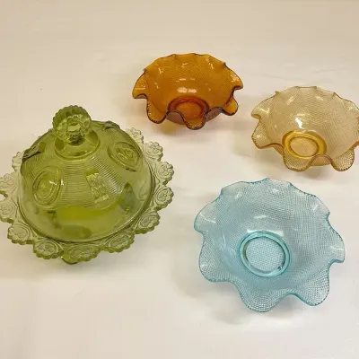 Imperial glass green dewey lidded dish and colony italian ruffle bowls