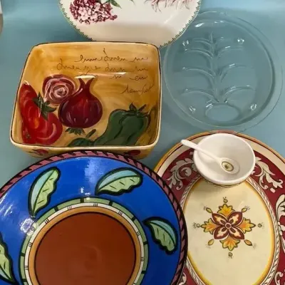 Vibrant serving dishes including pierre frey gien france