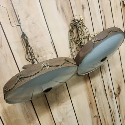 Vintage Mid-Century Hollywood Regency Swag Pendant Light - Frosted Ribbed Glass & Brass Filigree