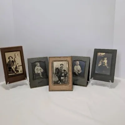 Antique Studio Portrait Photos in Paper Folios (Lot of 5) Child on Horse, Child w/ Phone