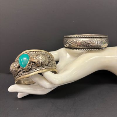 LOT 45: Silver-Tone Tribal Cuff with Teardrop Faux Turquoise & Silver-Tone Engraved Cuff