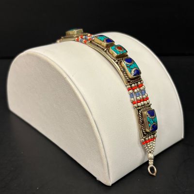 LOT 43: Silver-Tone Statement Necklace with Lapis and Turquoise-Tone Stones & Silver-Tone Bracelet with Artisan Inlaid Stones