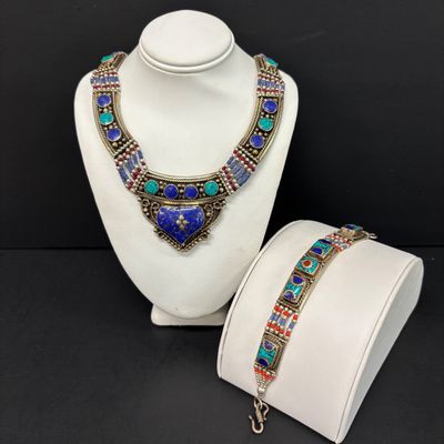 LOT 43: Silver-Tone Statement Necklace with Lapis and Turquoise-Tone Stones & Silver-Tone Bracelet with Artisan Inlaid Stones