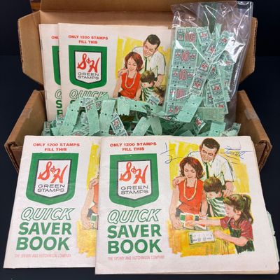 LOT 42: Vintage Quick Saver Books of Green Stamps, Photomatic Photo Booth Photos, Small Pink Plastic Bobble Head Elephant & More