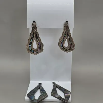 LOT 55: Two Pairs of Vintage Sterling Silver Earrings (13.6gtw) and an Aztec Panel Bracelet with Inlaid Abalone