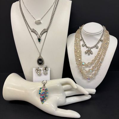 LOT 48: Vintage Rhinestone Jewelry with Glass Aurora Borealis Bead Necklace