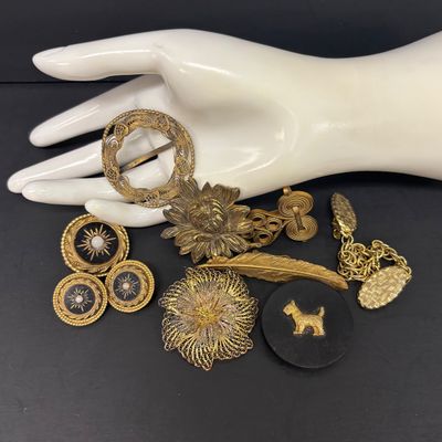LOT 70: Gold Vermeil 925 Layered Filigree Flower Brooch 7.75gtw with a Vintage Czechoslovakian Filigree Belt Buckle & More
