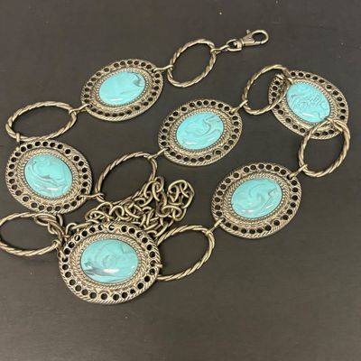 LOT 74: Vintage Style Concho Chain Turquoise Colored Stones, Silvertone Turquoise Earrings, Cuff Bracelets, Statement Bib Necklace...