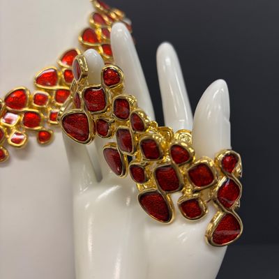 LOT 41: Vintage Belts, Red Enamel Costume Jewelry, Cat-Themed Ashtray and Pin & More