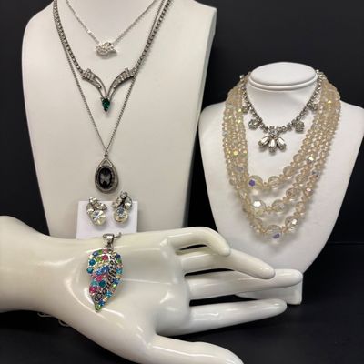 LOT 48: Vintage Rhinestone Jewelry with Glass Aurora Borealis Bead Necklace
