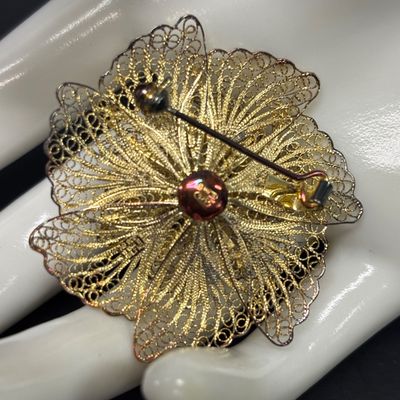 LOT 70: Gold Vermeil 925 Layered Filigree Flower Brooch 7.75gtw with a Vintage Czechoslovakian Filigree Belt Buckle & More