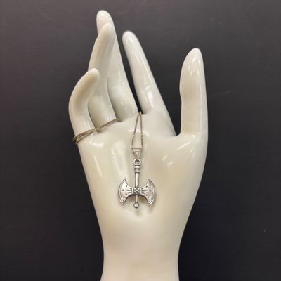 LOT 108: Sterling 925 Minoan-Style Double Headed Axe Pendant and Chain 7.47g