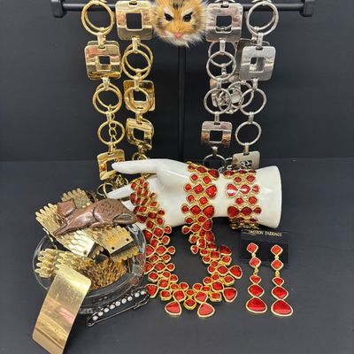 LOT 41: Vintage Belts, Red Enamel Costume Jewelry, Cat-Themed Ashtray and Pin & More