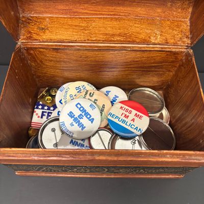 LOT 34: Collection of Vintage Political Pins with Wood Box