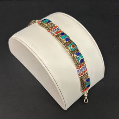 LOT 43: Silver-Tone Statement Necklace with Lapis and Turquoise-Tone Stones & Silver-Tone Bracelet with Artisan Inlaid Stones