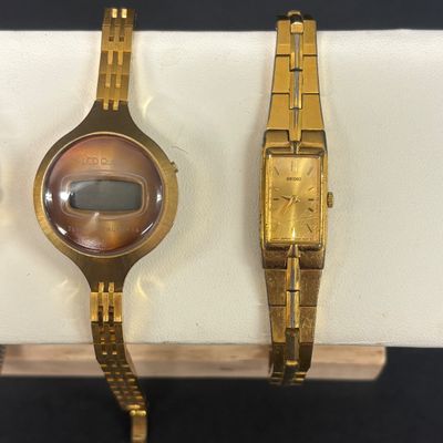 LOT 76: Collection of 3 Gold Tone Watches: Texas Instruments, Benrus & Seiko